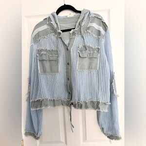 POL Distressed Blue Open-Knit Hooded Jacket, size large